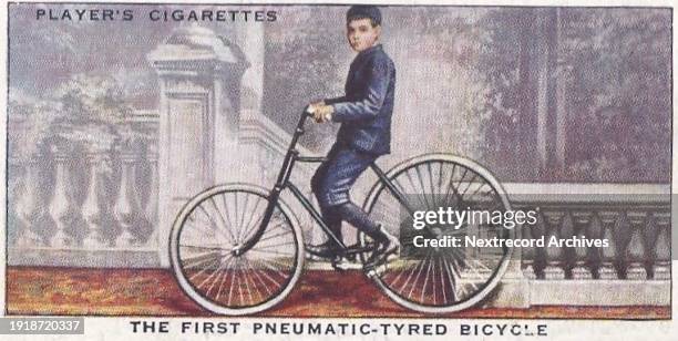 Collectible tobacco or cigarette card, 'Cycling' series, published in 1939 by John Player and Sons Cigarettes, depicting the 100 year history of the...