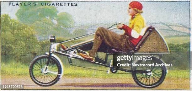 Collectible tobacco or cigarette card, 'Cycling' series, published in 1939 by John Player and Sons Cigarettes, depicting the 100 year history of the...