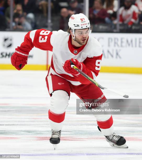 Alex DeBrincat of the Detroit Red Wings skates during the game against the Anaheim Ducks on January 7, 2024 at Honda Center in Anaheim, California.