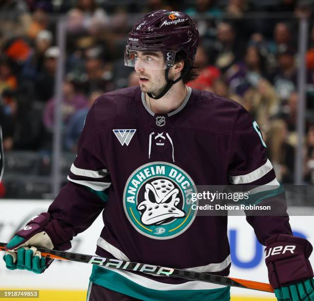 Jamie Drysdale of the Anaheim Ducks skates during the game against the Detroit Red Wings on January 7, 2024 at Honda Center in Anaheim, California.