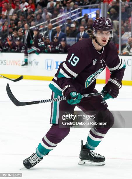 Troy Terry of the Anaheim Ducks skates during the game against the Detroit Red Wings on January 7, 2024 at Honda Center in Anaheim, California.