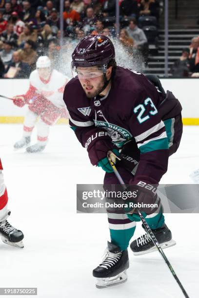 Mason McTavish of the Anaheim Ducks skates during the game against the Detroit Red Wings on January 7, 2024 at Honda Center in Anaheim, California.