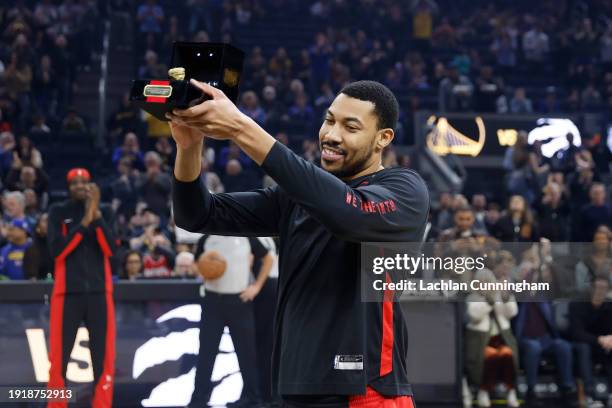 Otto Porter Jr. #32 of the Toronto Raptors is presented with his 2021/22 championship ring before the game against the Golden State Warriors at Chase...