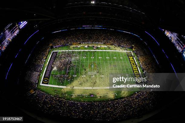 View of the field after the Michigan Wolverines defeated the Washington Huskies during the 2024 CFP National Championship game at NRG Stadium on...