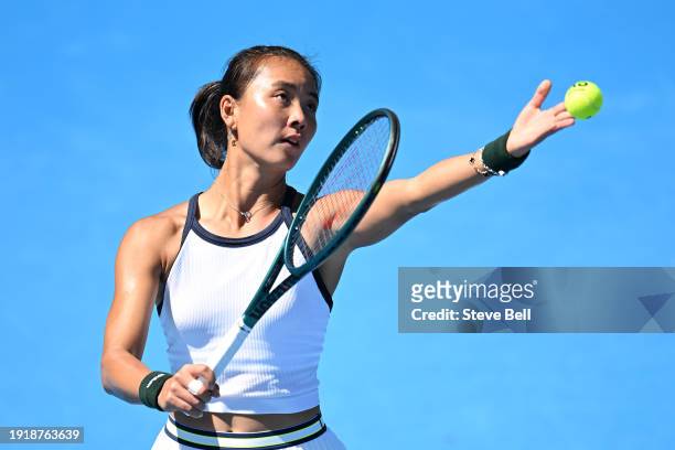 Yue Yuan of China serves in her match against Sloane Stephens of USA during day two of the 2024 Hobart International at Domain Tennis Centre on...