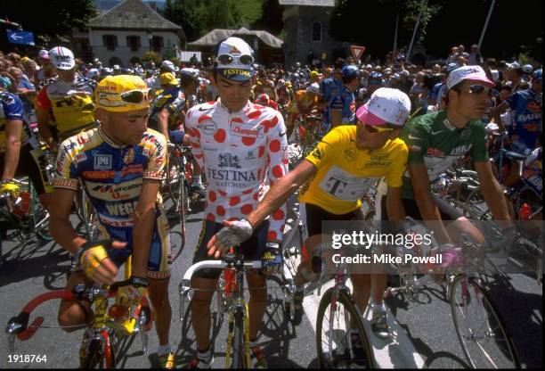 Marco Pantani of Italy, Richard Virenque of France, Jan Ullrich of Germany and Eric Babel of Germany together during stage 17 of the Tour De France...