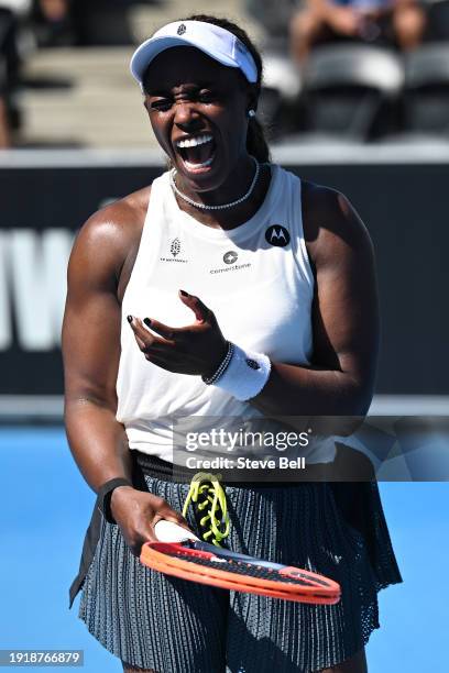 Sloane Stephens of USA reacts in her match against Yue Yuan of China during day two of the 2024 Hobart International at Domain Tennis Centre on...