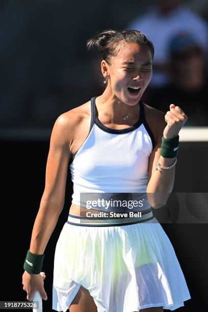 Yue Yuan of China celebrates winning her match against Sloane Stephens of USA during day two of the 2024 Hobart International at Domain Tennis Centre...