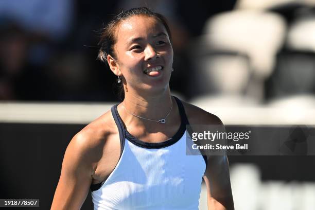 Yue Yuan of China celebrates winning her match against Sloane Stephens of USA during day two of the 2024 Hobart International at Domain Tennis Centre...