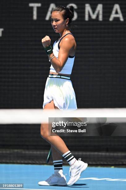 Yue Yuan of China celebrates during her match against Sloane Stephens of USA during day two of the 2024 Hobart International at Domain Tennis Centre...
