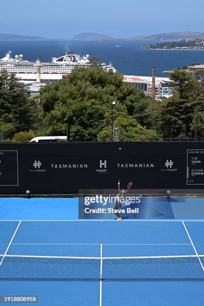 Sloane Stephens of USA serves in her match against Yue Yuan of China during day two of the 2024 Hobart International at Domain Tennis Centre on...