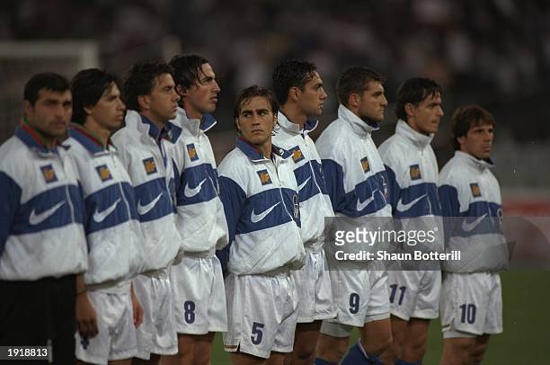 The Italian team line up for the National Anthem before the World Cup Qualifier against England at the Olympic Stadium in Rome, Italy. The game ended...