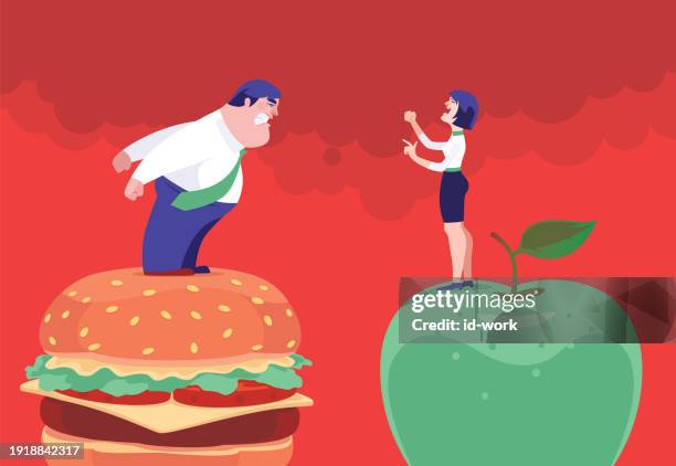 stockillustraties, clipart, cartoons en iconen met couple arguing with apple and hamburger - fat female cartoon characters