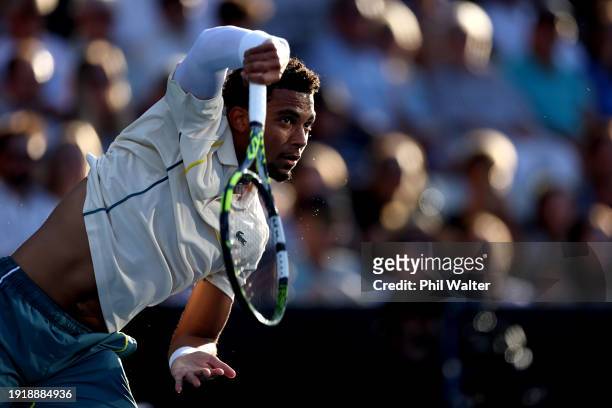 Arthur Fils of France serves in his match against Richard Gasquet of France during the 2024 Men's ASB Classic at ASB Tennis Centre on January 09,...