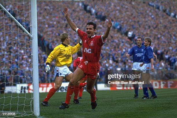 Charlie Nicholas of Aberdeen celebrates a goal during the Skol Cup Final match against Rangers at Hampden Park in Glasgow, Scotland. Aberdeen won the...