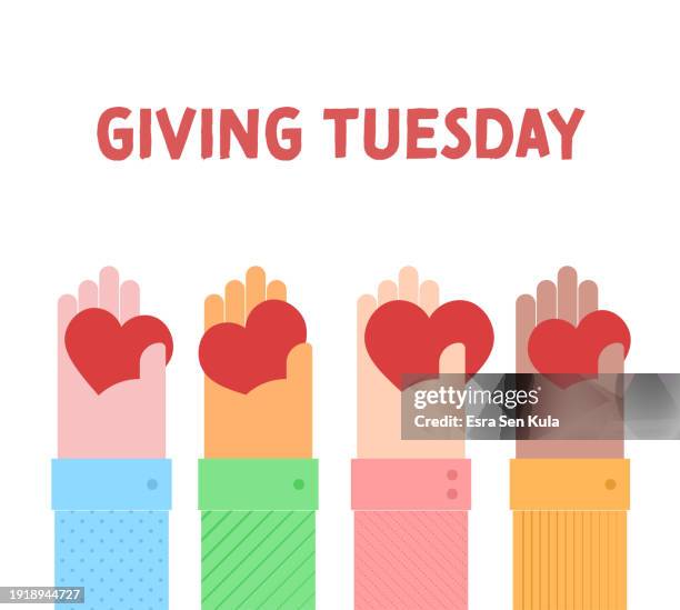 ilustraciones, imágenes clip art, dibujos animados e iconos de stock de corazones en manos de personas de diferentes razas y nacionalidades. tiene un concepto de benevolencia, donación, caridad y dice giving tuesday. - martes