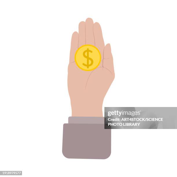 charity, conceptual illustration - coin in palm of hand stock illustrations