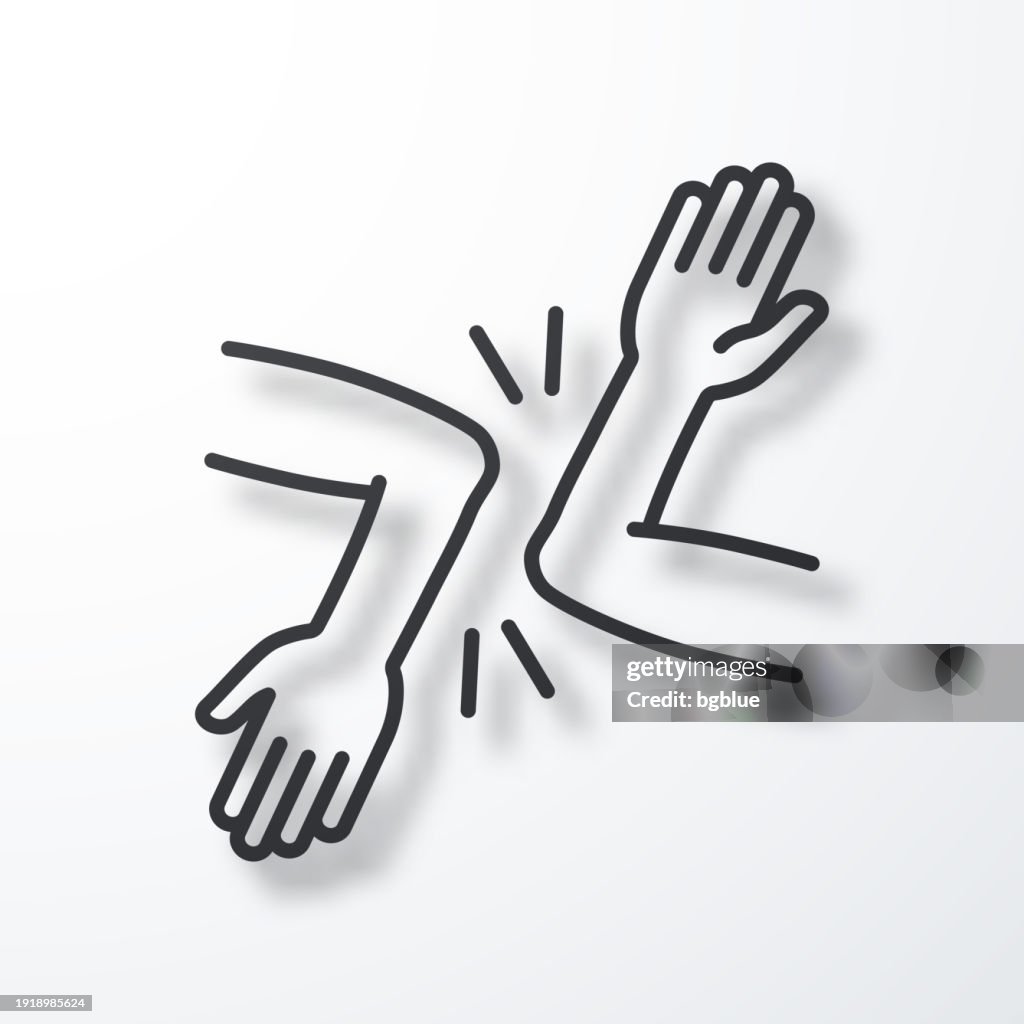 Elbow bump - Novel greeting. Line icon with shadow on white background