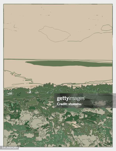 outline printmaking style seashore grove landscape background - aerial view forest stock illustrations