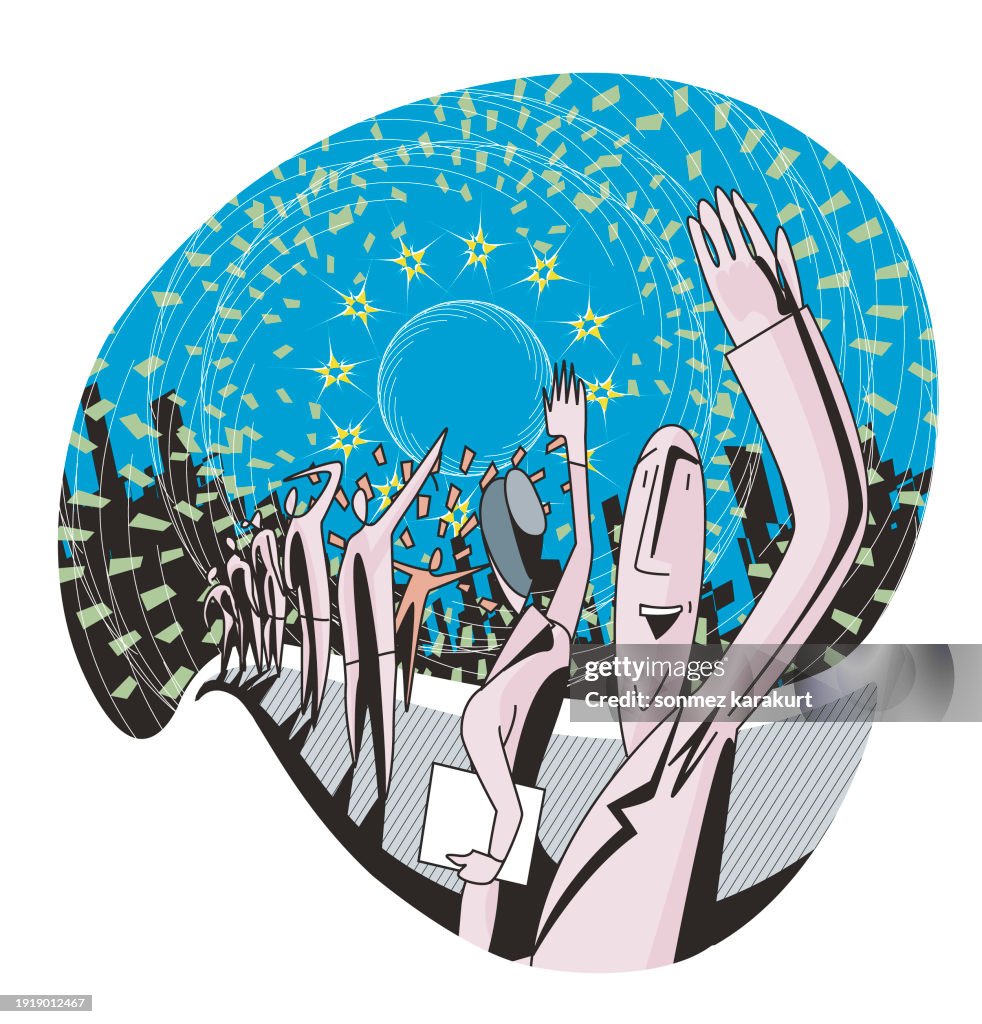 Happy people moving towards EU stars