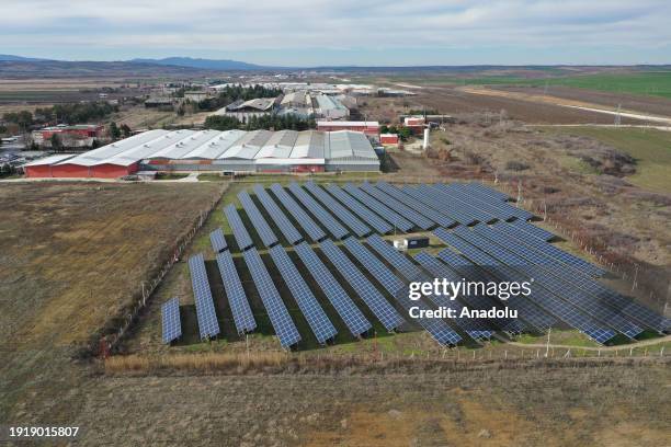 An aerial view of a solar farm, consisting of 4 thousand 224 panels on 18 decares of land, of a factory in Edirne, Turkiye on January 10, 2024. The...