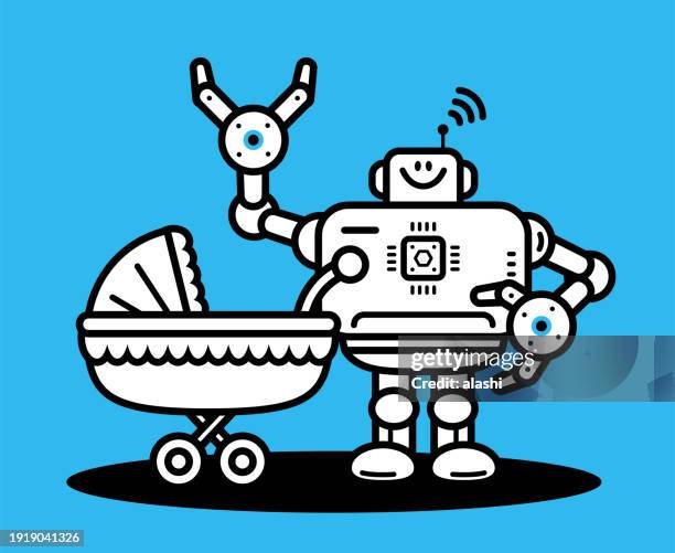 an artificial intelligence robot with a baby carriage - robotic process automation stock illustrations