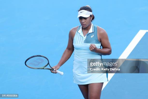 Destanee Aiava of Australia reacts in their match against Chloe Paquet of France ahead of the 2024 Australian Open at Melbourne Park on January 09,...