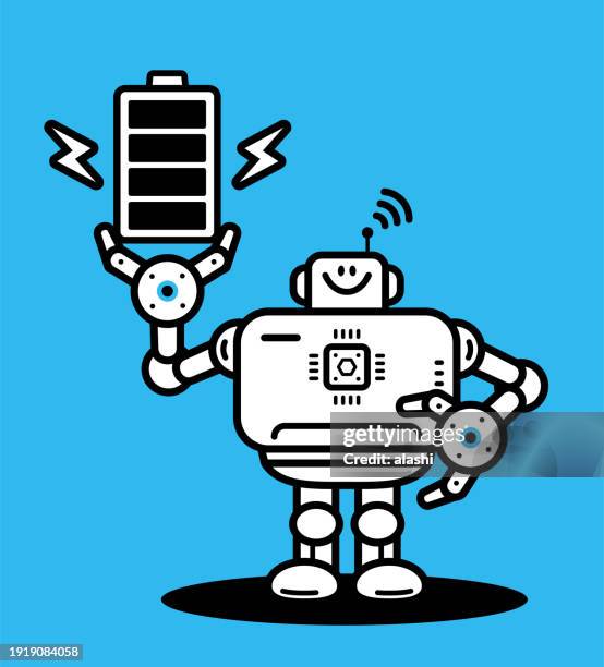 an artificial intelligence robot holds a powerful battery - robotic process automation stock illustrations