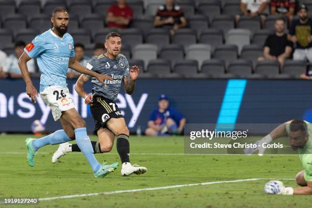 Dylan Pierias of the Wanderers takes a shot at goal and scores during the A-League Men round 12 match between Melbourne City and Western Sydney...