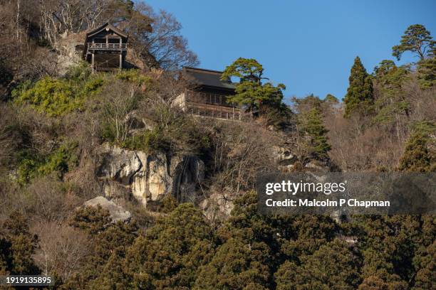 rissyakuji temple at yamadera (yama-dera) near yamagata, japan. a popular tourist destination known as 1,015 stone steps of yamadera. - yamadera foto e immagini stock