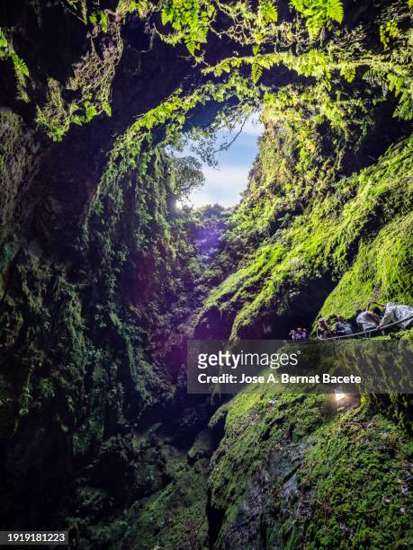 tourists visiting the interior of a large volcanic cave seen from the inside in the shape of a well. - farn stock-fotos und bilder