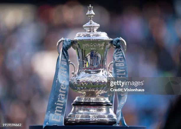 The official Emirates FA Cup trophy is seen prior to the Emirates FA Cup Third Round match between Manchester City and Huddersfield Town at Etihad...