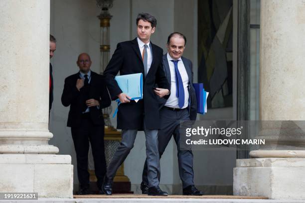 French Prime Minister Gabriel Attal and chief of staff of French Prime Minister Emmanuel Moulin leave the presidential Elysee Palace in Paris, on...