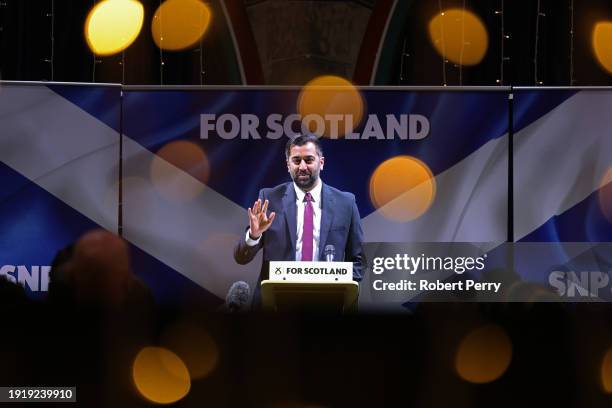 Humza Yousaf, Scottish First Minister and leader of the SNP speaks during the launch of the SNP general election campaign at Òran Mór on January 12,...