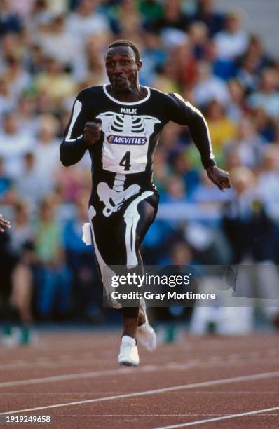 Olympic, World and European 100m gold medallist Linford Christie of Great Britain wearing his skeleton running suit in motion running in the Mens 100...