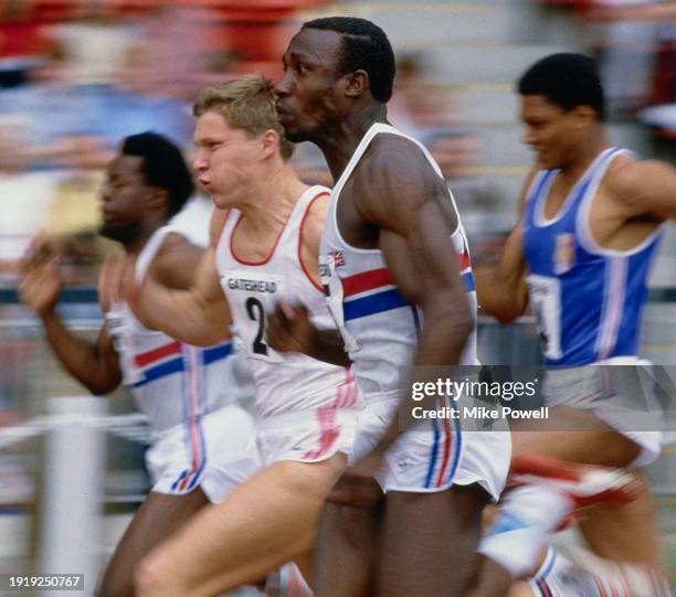 Linford Christie of Great Britain running in the Mens 100 metres race during the Great Britain versus France and Czechoslovakia International...