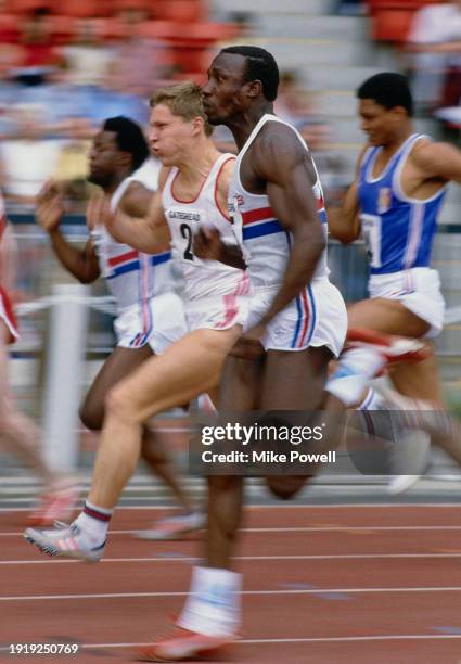 Linford Christie of Great Britain running in the Mens 100 metres race during the Great Britain versus France and Czechoslovakia International...