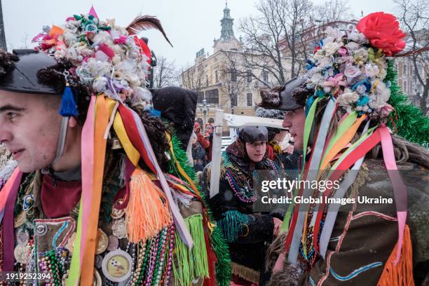 Participants of vertep prepare to perform in front of the monument to Ukrainian poet Taras Shevchenko during ‘New Joy is Here’ folk festival on...