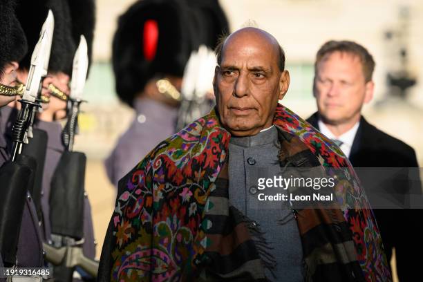 India's Defence Minister Rajnath Singh inspects a ceremonial Guard of Honour at Horse Guards Parade on January 09, 2024 in London, England. UK...