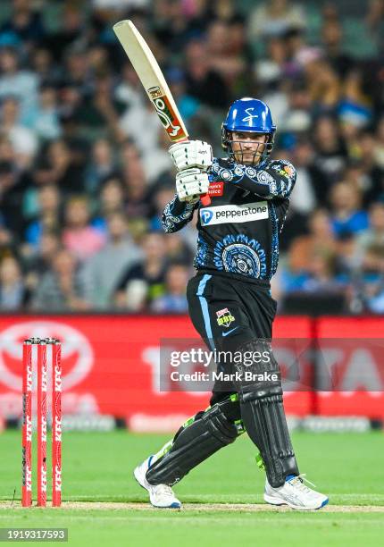 Alex Carey of the Strikers bats during the BBL match between Adelaide Strikers and Hobart Hurricanes at Adelaide Oval, on January 09 in Adelaide,...