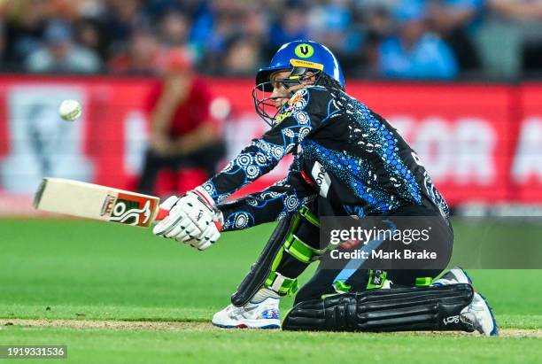 Alex Carey of the Strikers bats during the BBL match between Adelaide Strikers and Hobart Hurricanes at Adelaide Oval, on January 09 in Adelaide,...