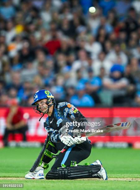 Alex Carey of the Strikers bats during the BBL match between Adelaide Strikers and Hobart Hurricanes at Adelaide Oval, on January 09 in Adelaide,...