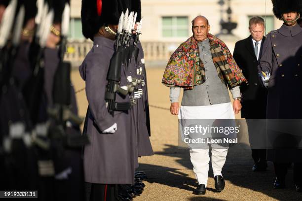 India's Defence Minister Rajnath Singh is seen as he inspects a ceremonial Guard of Honour at Horse Guards Parade on January 09, 2024 in London,...