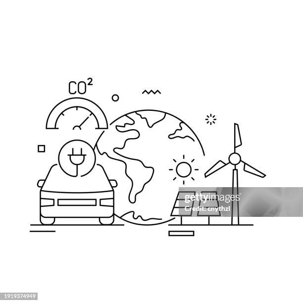 illustrations, cliparts, dessins animés et icônes de illustration vectorielle conceptuelle liée à la réduction des émissions de carbone. énergie verte, zéro émission, énergie renouvelable. - dioxyde de carbone