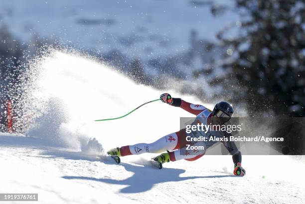 Raphael Haaser of Team Austria in action during the Audi FIS Alpine Ski World Cup Men's Super G on January 12, 2024 in Wengen, Switzerland.