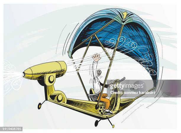 imaginary flying vehicle pedal-powered jet-powered hang glider and inventor. - living legends of aviation stock illustrations