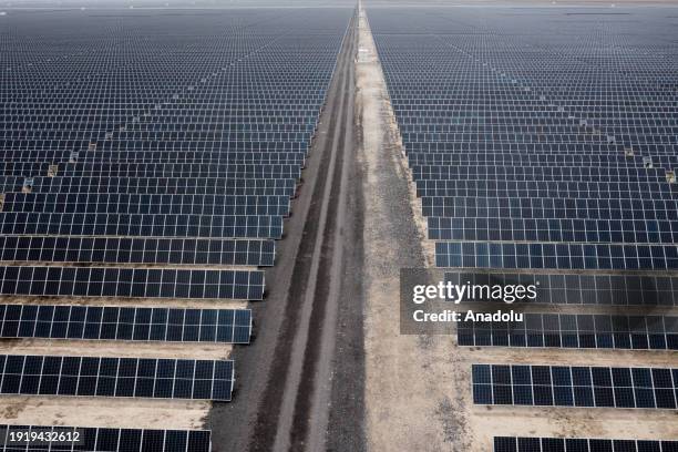 An aerial view of Kalyon Karapinar Solar Power Plant in Konya, Turkiye on January 09, 2024. The Kalyon Karapinar Solar Power Plant, built on an area...
