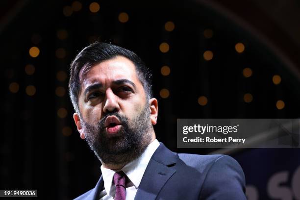 Humza Yousaf, Scottish First Minister and leader of the SNP speaks during the launch of the SNP general election campaign at Òran Mór on January 12,...