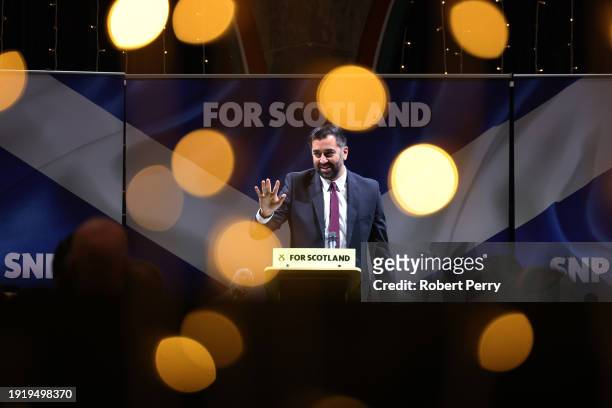 Humza Yousaf, Scottish First Minister and leader of the SNP speaks during the launch of the SNP general election campaign at Òran Mór on January 12,...