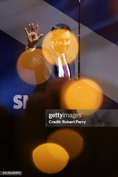 Humza Yousaf, Scottish First Minister and leader of the SNP speaks during the launch of the SNP general election campaign at Òran Mór on January 12,...